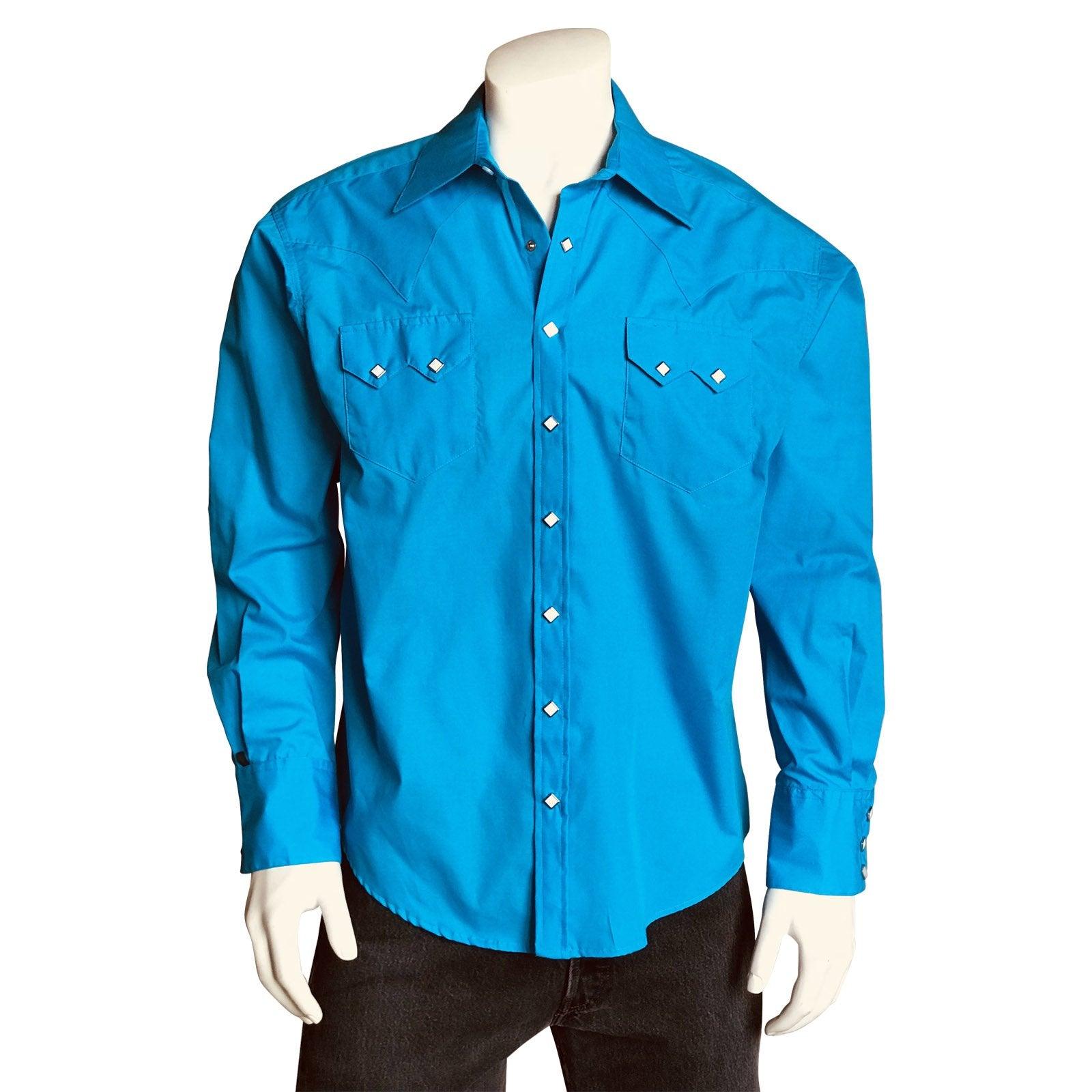 Men's Slim Fit Turquoise Cotton Blend Western Shirt - Flyclothing LLC