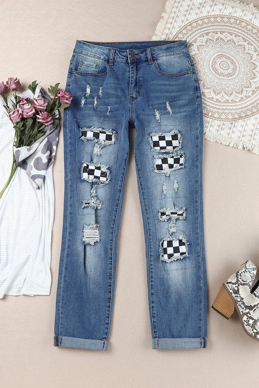 Checkered Patchwork Mid Waist Distressed Jeans - Flyclothing LLC