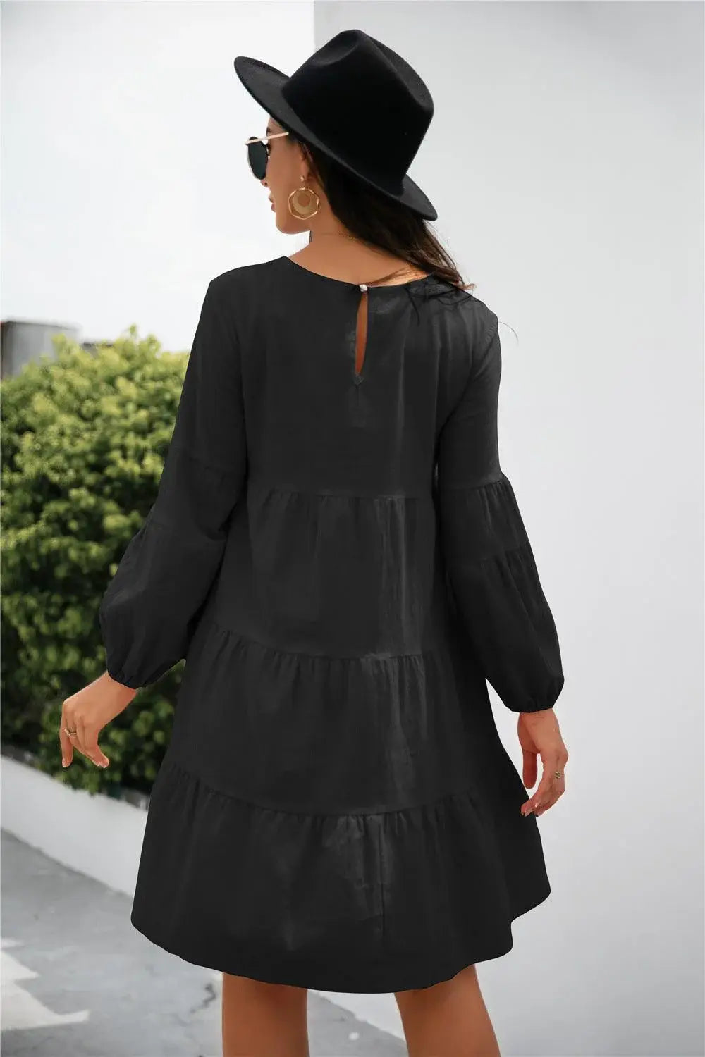 Balloon Sleeve Keyhole Tiered Dress - Trendsi - Flyclothing LLC
