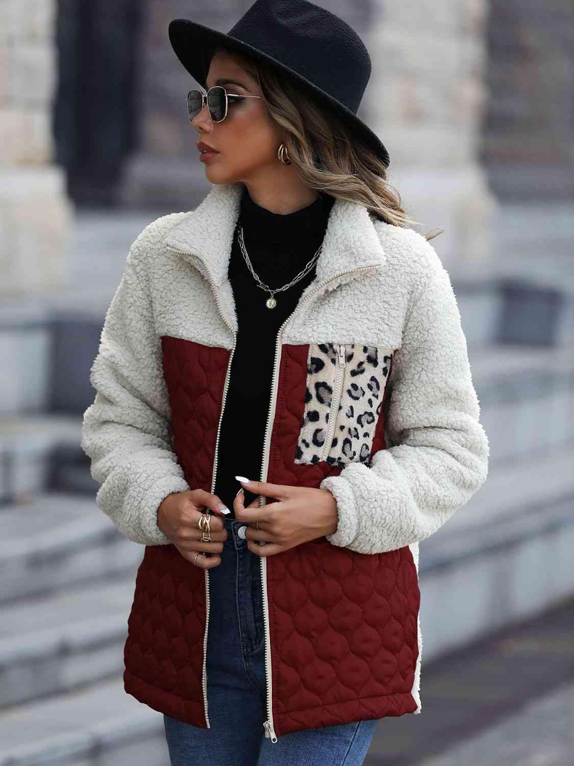 Leopard Color Block Zip-Up Jacket - Trendsi