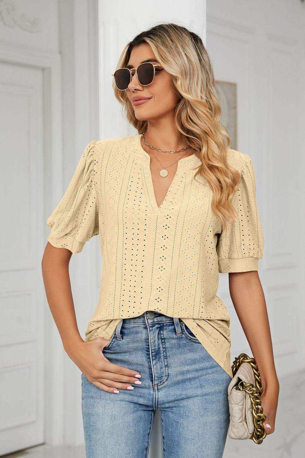 Eyelet Short Puff Sleeve Notched Neck Top - Trendsi - Flyclothing LLC