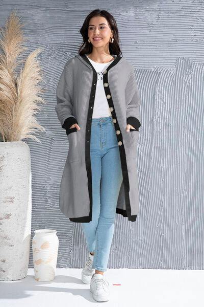 Button Up Contrast Trim Hooded Cardigan - Trendsi