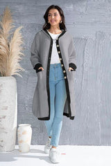 Button Up Contrast Trim Hooded Cardigan - Trendsi