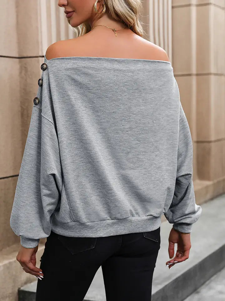 Off Shoulder Long Sleeve Buttoned Blouse - Trendsi - Flyclothing LLC
