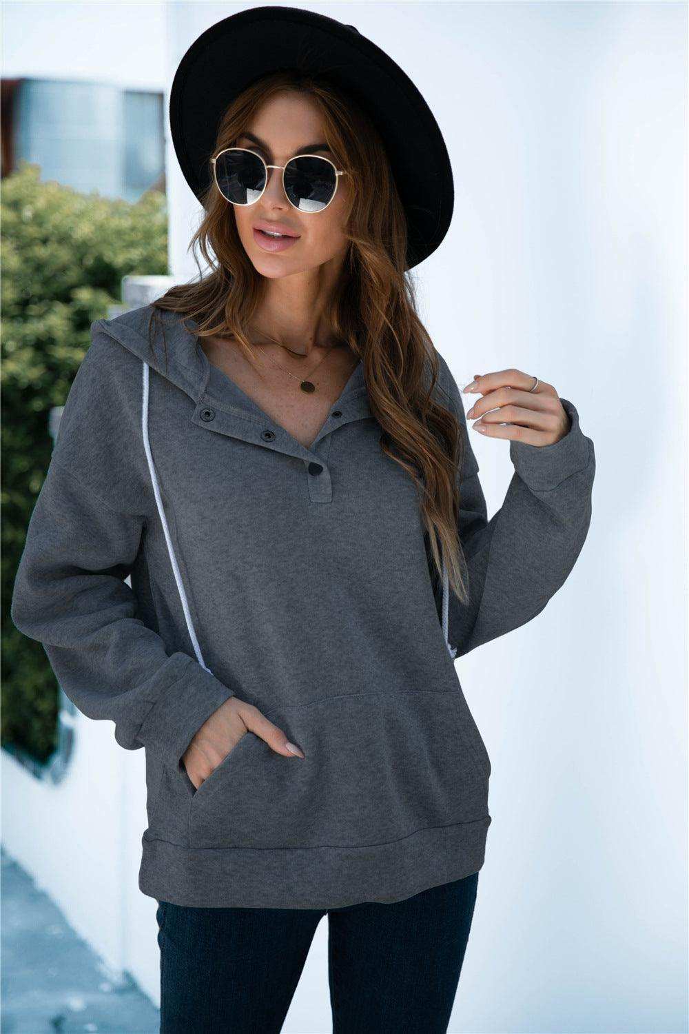 Quarter Snap Drawstring Hoodie with Kangaroo Pocket - Trendsi - Flyclothing LLC
