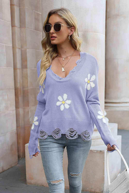Flower Distressed Long Sleeve Sweater - Trendsi - Flyclothing LLC