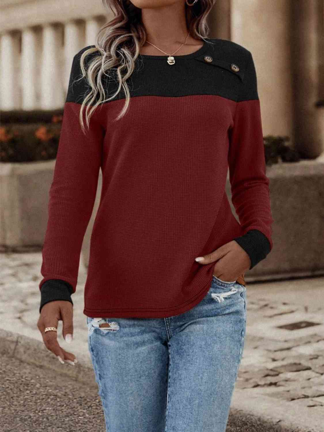 Contrast Buttoned Round Neck Long Sleeve T-Shirt - Trendsi - Flyclothing LLC