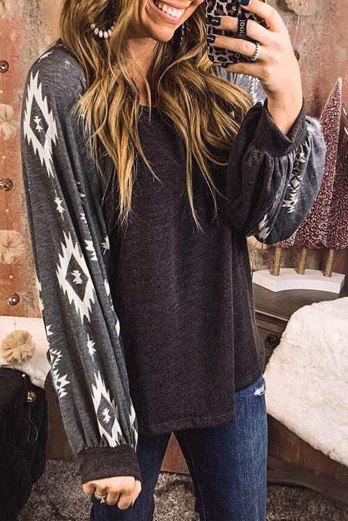 Geometric Round Neck Long Sleeve T-Shirt - Trendsi - Flyclothing LLC