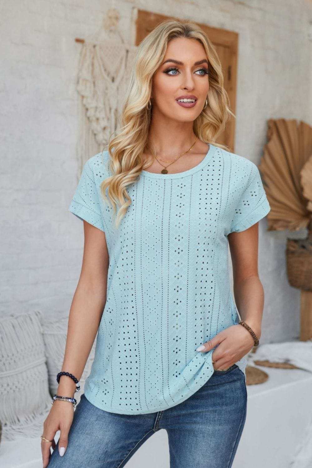 Eyelet Round Neck Rolled Short Sleeve T-Shirt - Trendsi - Flyclothing LLC