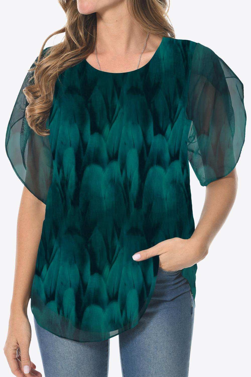 Printed Round Neck Curved Hem Blouse - Trendsi - Flyclothing LLC