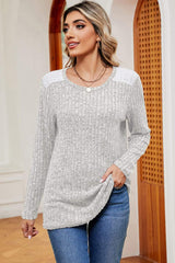 Eyelet Ribbed Round Neck Long Sleeve T-Shirt - Trendsi - Flyclothing LLC