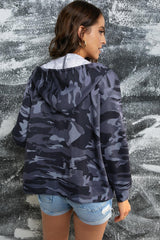Camouflage Drawstring Detail Zip Up Hooded Jacket - Flyclothing LLC