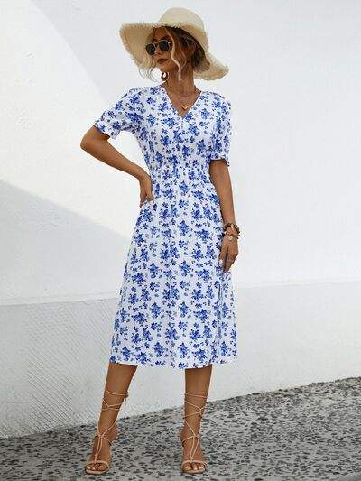 Slit Printed V-Neck Short Sleeve Dress - Trendsi - Flyclothing LLC