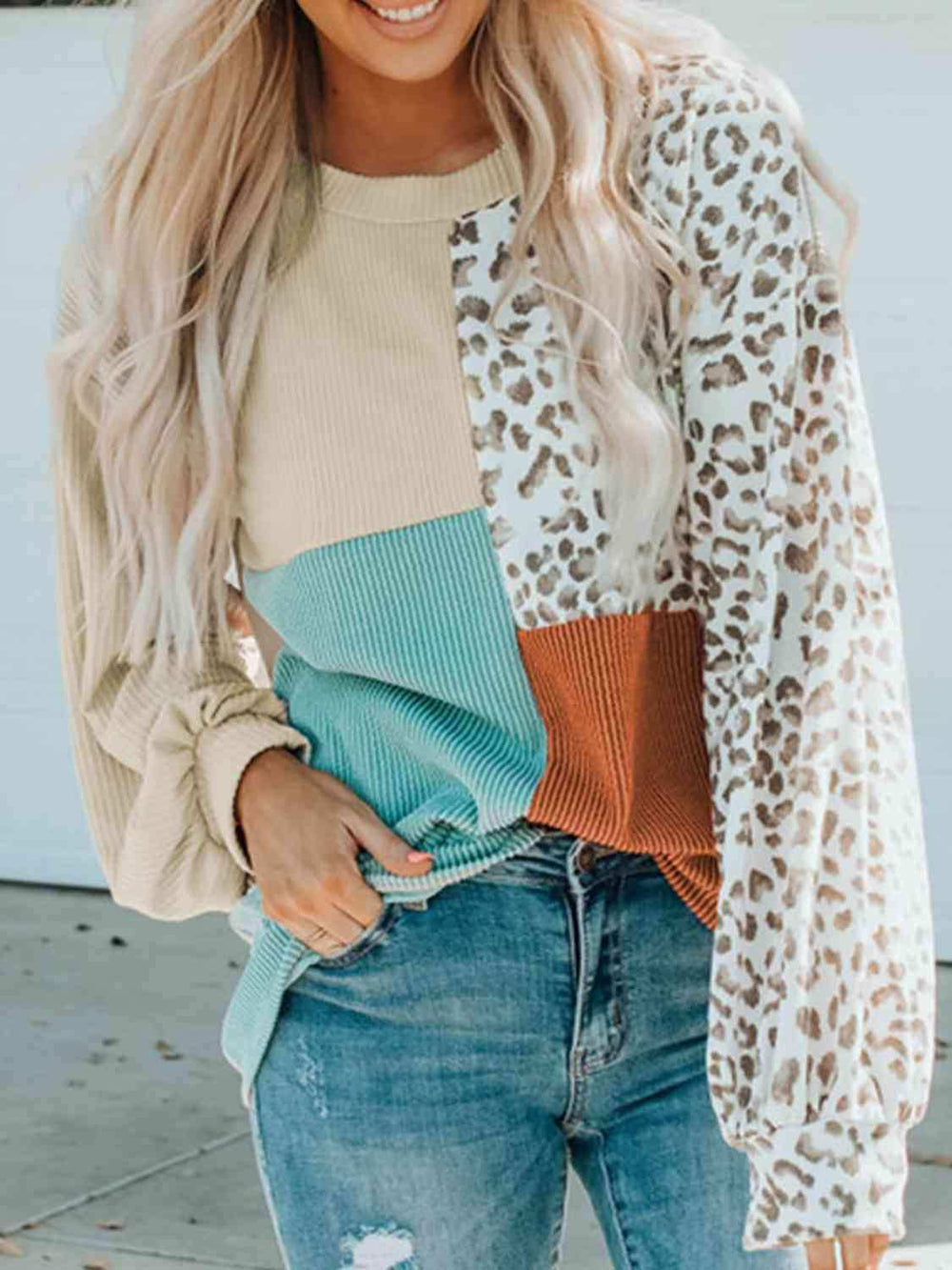 Color Block Leopard Round Neck Sweatshirt - Trendsi - Flyclothing LLC