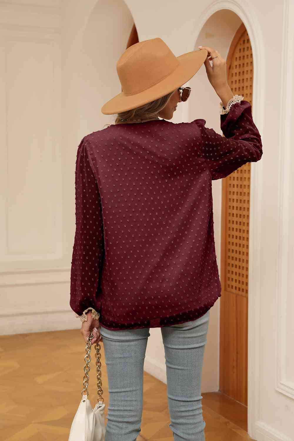 Swiss Dot Contrast V-Neck Blouse - Trendsi - Flyclothing LLC