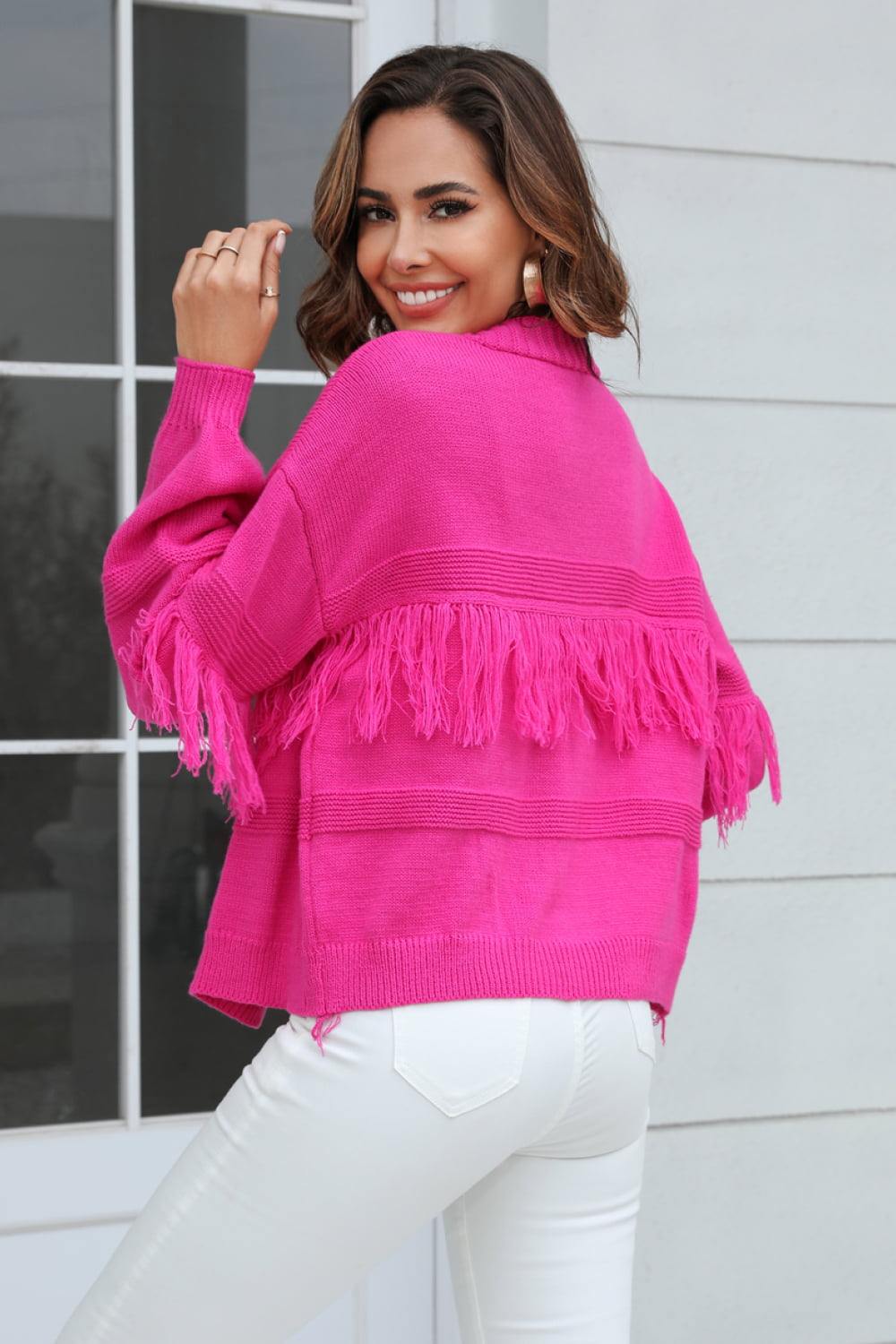 Fringe Trim Open Front Cardigan Flyclothing LLC