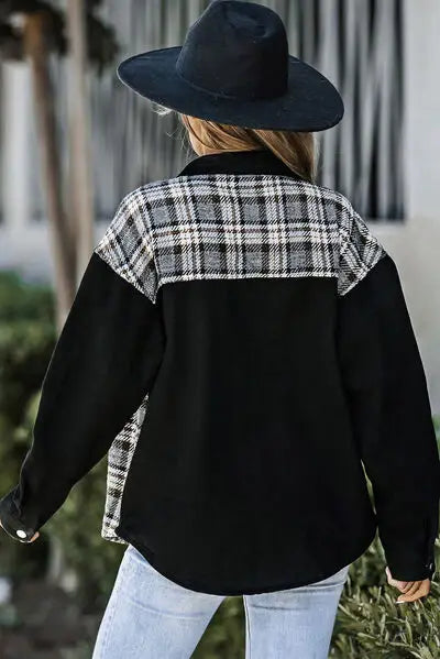 Plaid Pocketed Button Up Denim Jacket - Trendsi - Flyclothing LLC