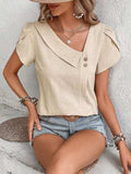 Decorative Button Asymmetrical Neck Blouse - Trendsi - Flyclothing LLC
