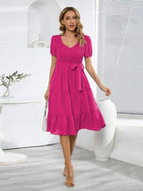 Smocked Tie Front Short Sleeve Tiered Dress - Trendsi - Flyclothing LLC