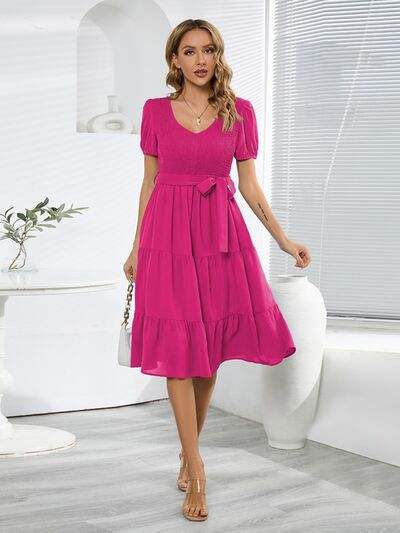 Smocked Tie Front Short Sleeve Tiered Dress - Trendsi - Flyclothing LLC