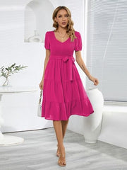 Smocked Tie Front Short Sleeve Tiered Dress - Flyclothing LLC