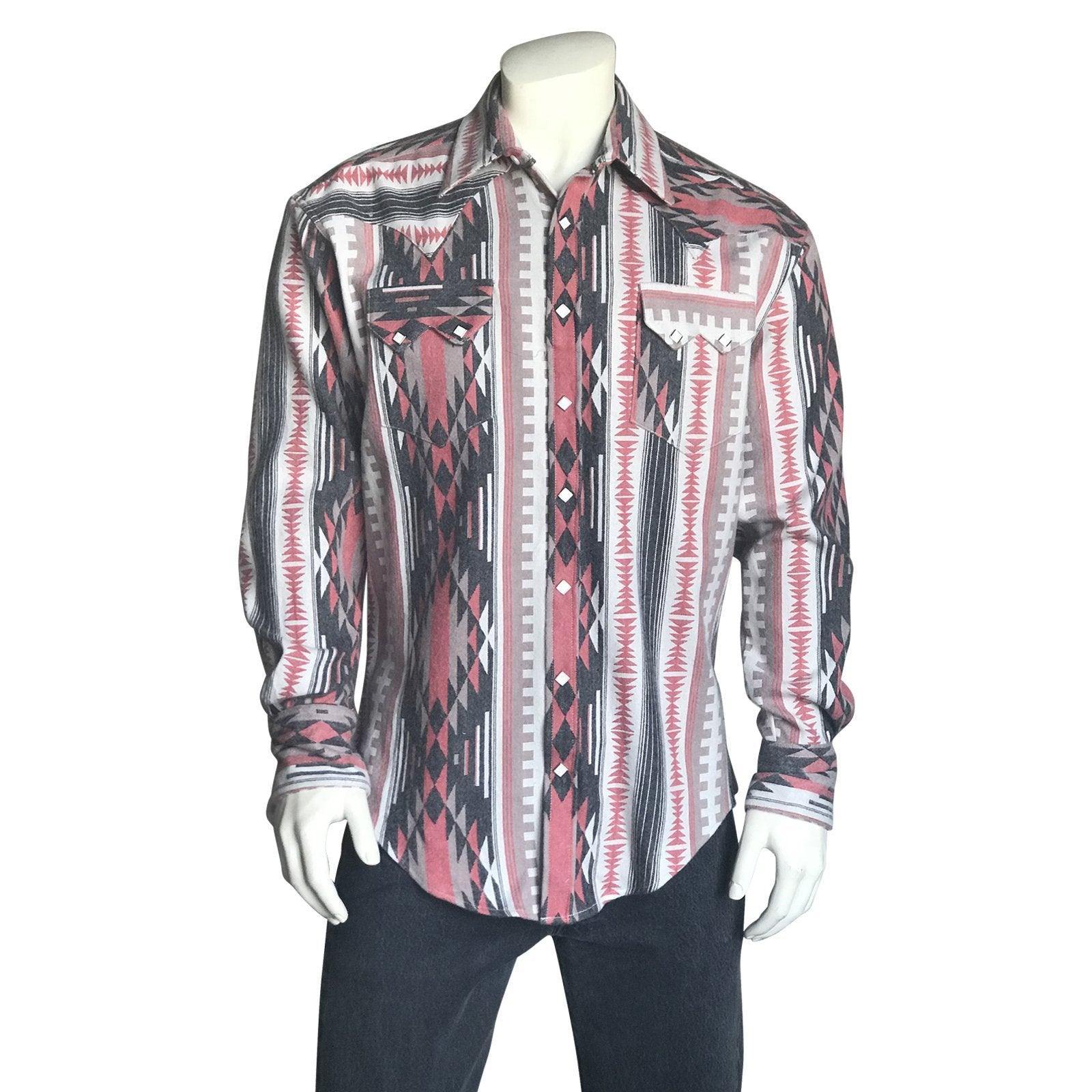 Men's Premium Flannel Jacquard Western Shirt in Grey & Pink - Rockmount Clothing