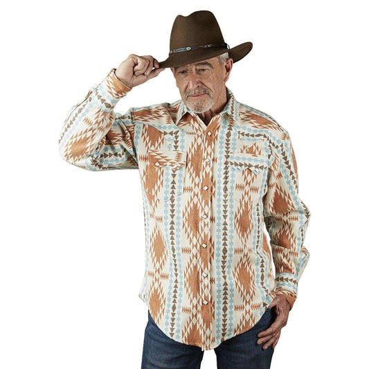 Men's Premium Flannel Jacquard Western Shirt in Ivory & Brown - Rockmount Clothing - Flyclothing LLC