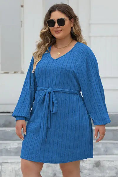 Plus Size Ribbed Tie Front Long Sleeve Sweater Dress - Trendsi - Flyclothing LLC