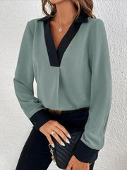 Contrast Trim V-Neck Long Sleeve Blouse - Trendsi