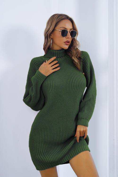 Buttoned Turtleneck Long Sleeve Sweater Dress - Trendsi - Flyclothing LLC