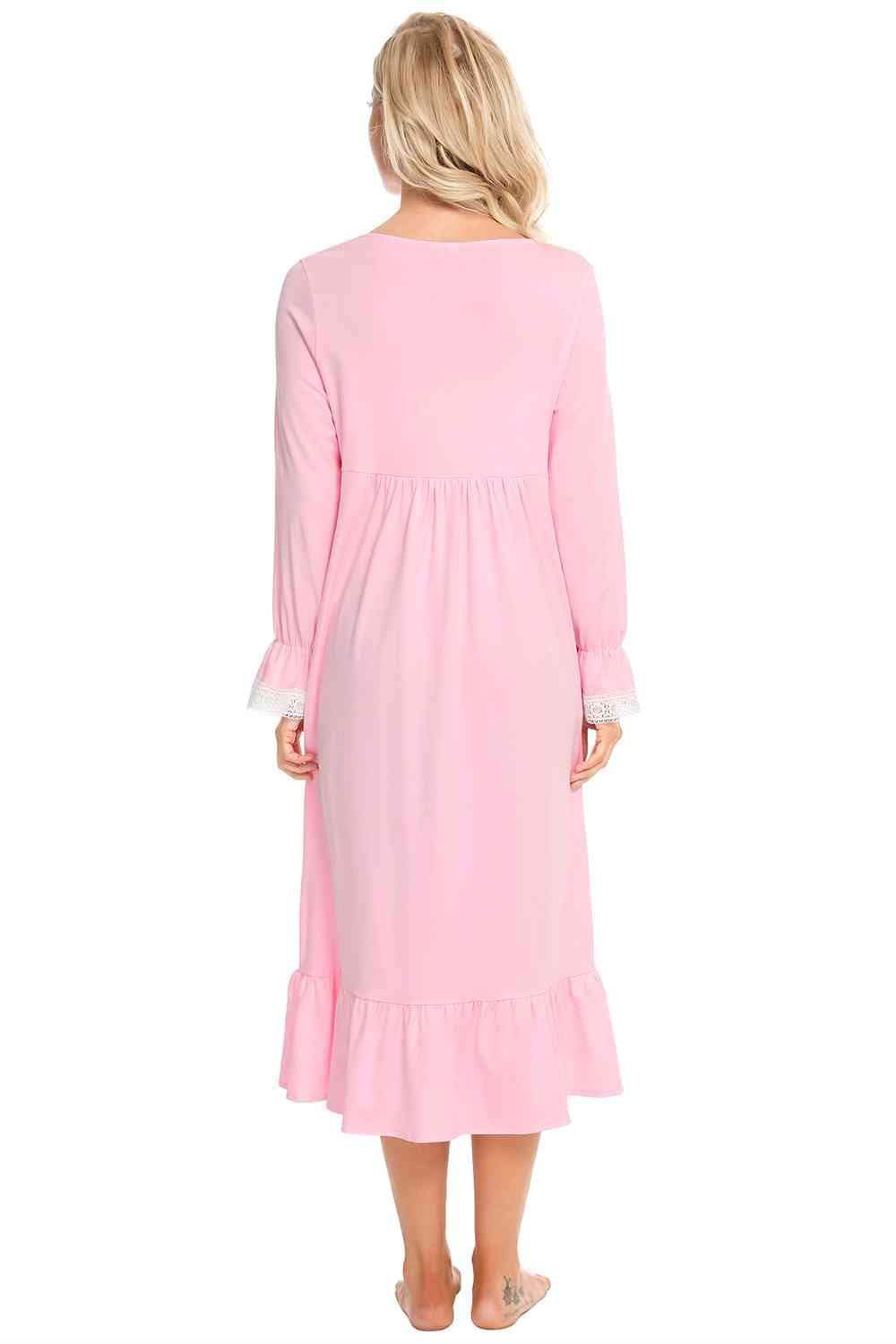 Lace Detail Square Neck Flounce Sleeve Night Dress - Trendsi - Flyclothing LLC