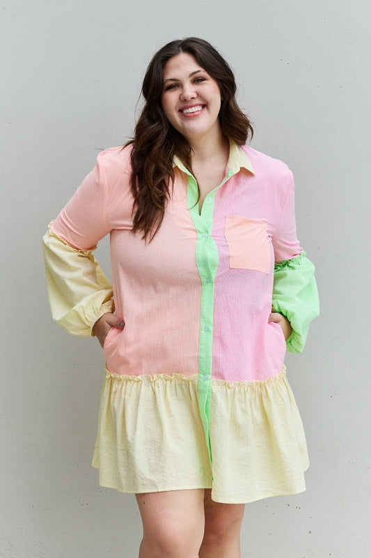 Davi & Dani Flying Colors Full Size Colorblock Long Sleeve Shirt Dress - Trendsi