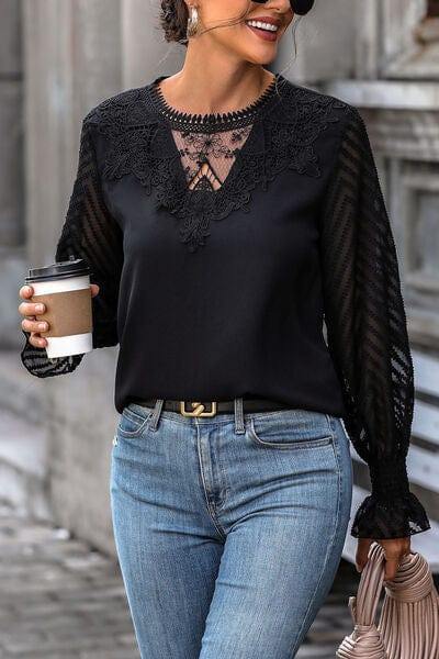 Lace Detail Smocked Flounce Sleeve Blouse - Trendsi