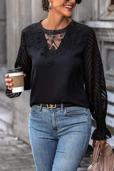 Lace Detail Smocked Flounce Sleeve Blouse - Trendsi - Flyclothing LLC