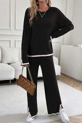 Contrast Trim Round Neck Top and Pants Set - Trendsi - Flyclothing LLC
