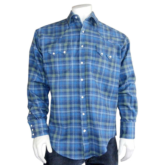 Men's Organic Plush Flannel Blue & Green Plaid Western Shirt - Rockmount Clothing - Flyclothing LLC