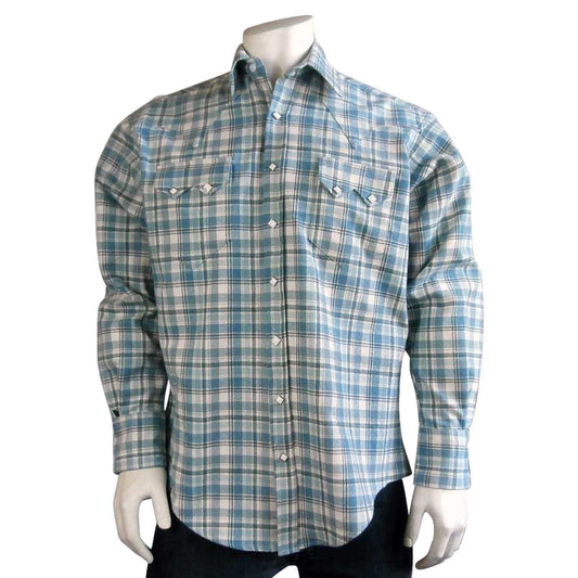 Men's Organic Plush Flannel Dusty Blue Plaid Western Shirt - Rockmount Clothing - Flyclothing LLC