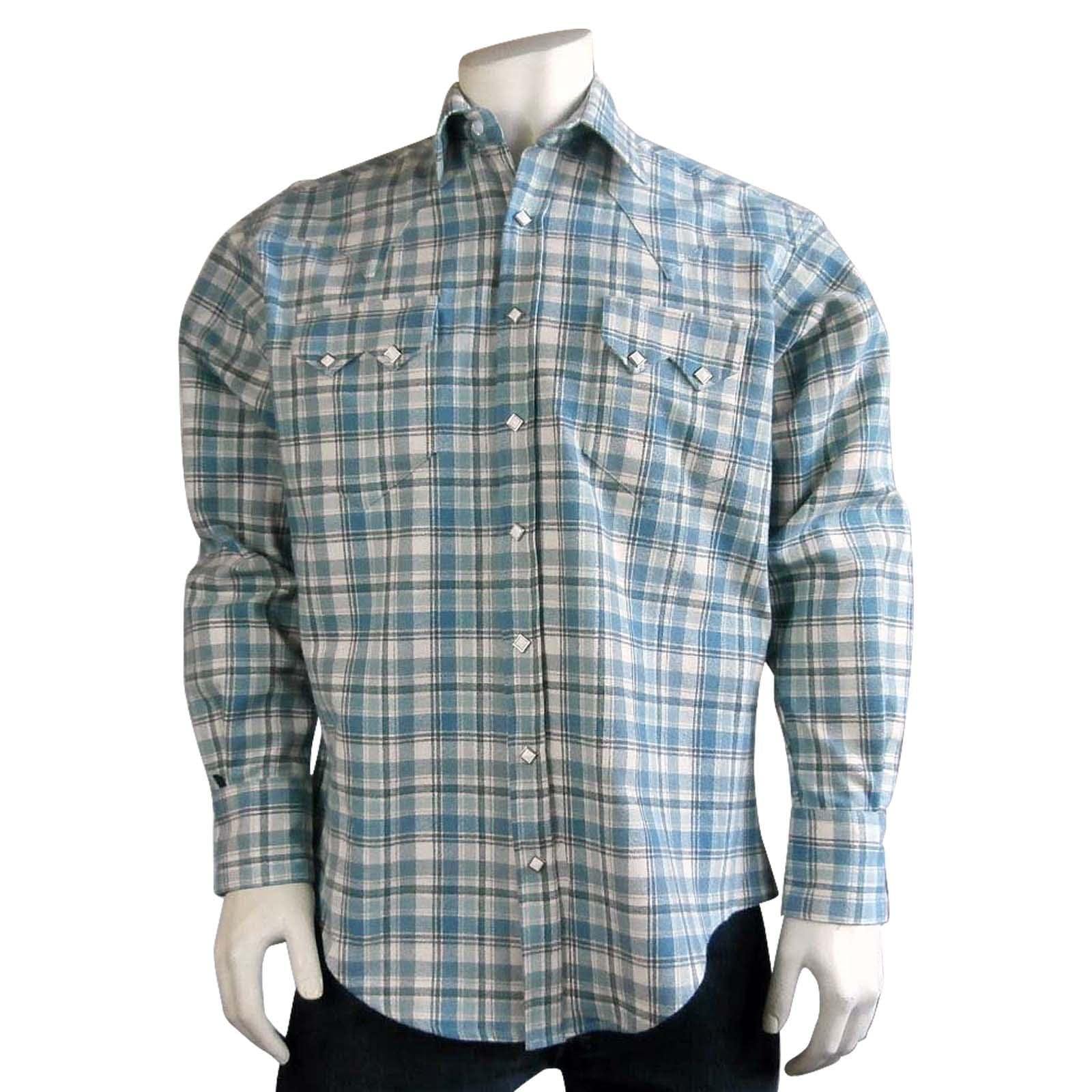 Rockmount Clothing Mens Plush Flannel Dusty Blue Plaid Western Shirt - Flyclothing LLC