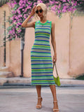 Striped Round Neck Sleeveless Midi Cover Up Dress - Trendsi