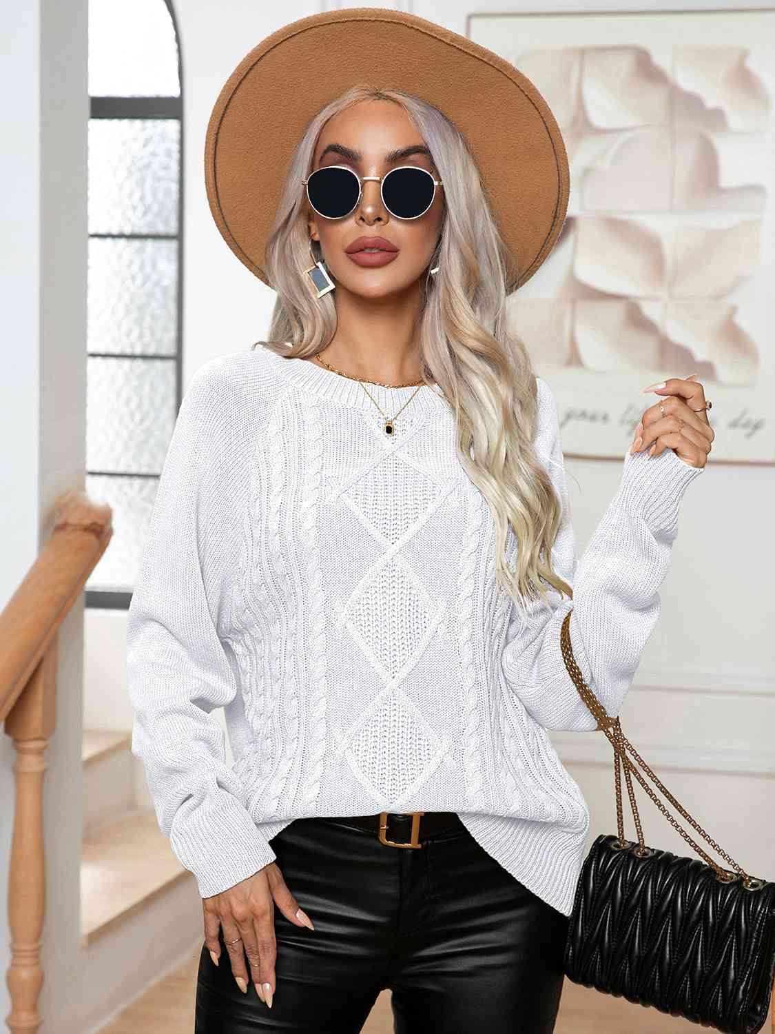 Cable-Knit Long Sleeve Sweater - Trendsi
