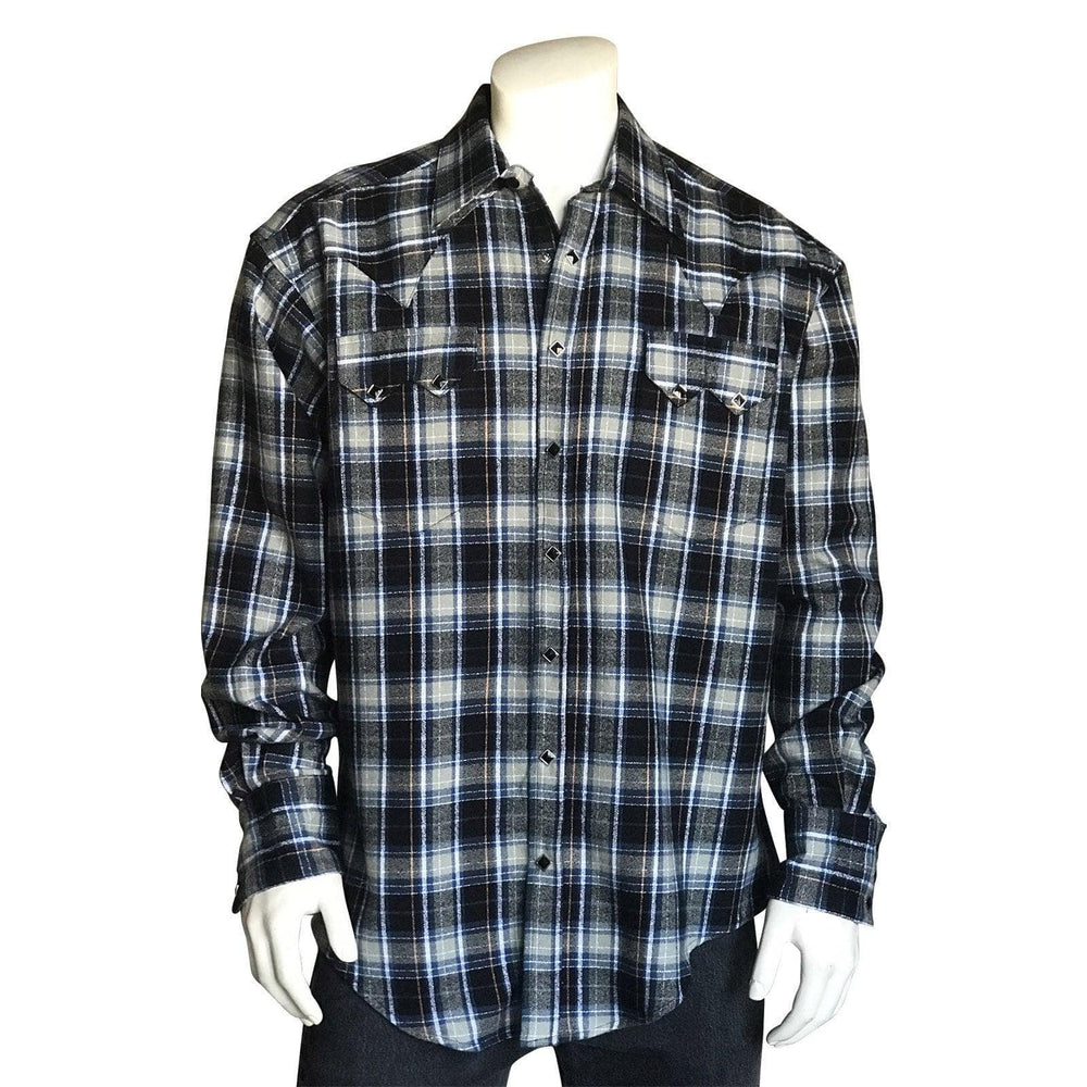 Men's Plush Flannel Black & Grey Plaid Western Shirt - Rockmount Clothing