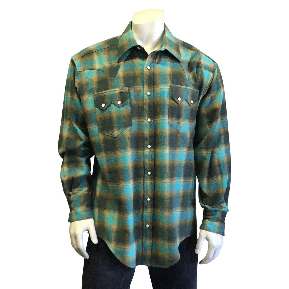 Rockmount Ranch Wear Mens Plush Flannel Plaid Western Shirt in Green & Turquoise - Rockmount Clothing