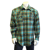 Rockmount Ranch Wear Mens Plush Flannel Plaid Western Shirt in Green & Turquoise - Rockmount Clothing