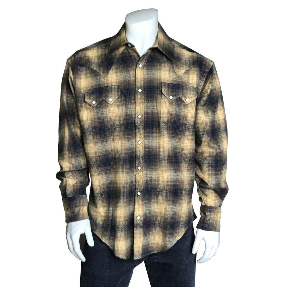 Men's Plush Flannel Beige & Black Plaid Western Shirt - Rockmount Clothing