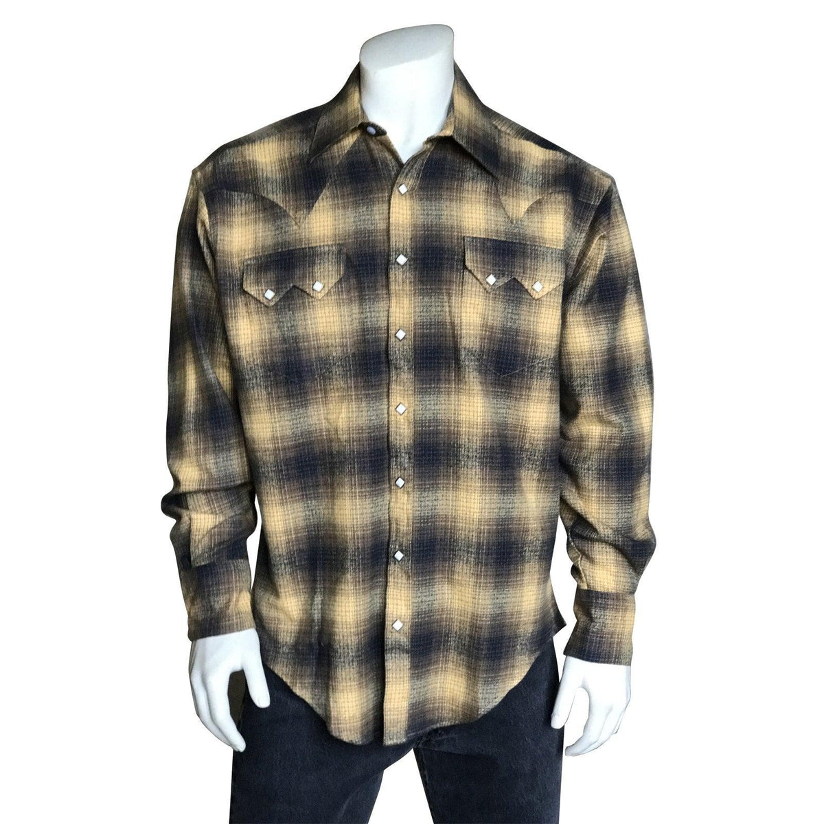 Men's Plush Flannel Beige & Black Plaid Western Shirt - Flyclothing LLC