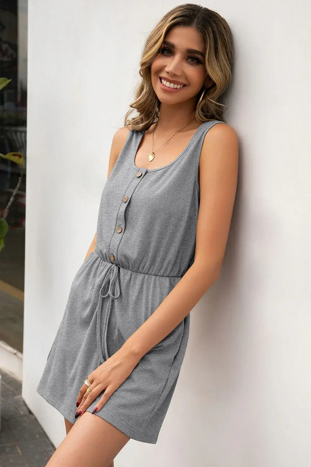 Buttoned Round Neck Sleeveless Romper - Trendsi - Flyclothing LLC