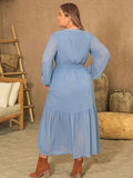 Plus Size Polka Dot Tie Neck Balloon Sleeve Maxi Dress - Trendsi