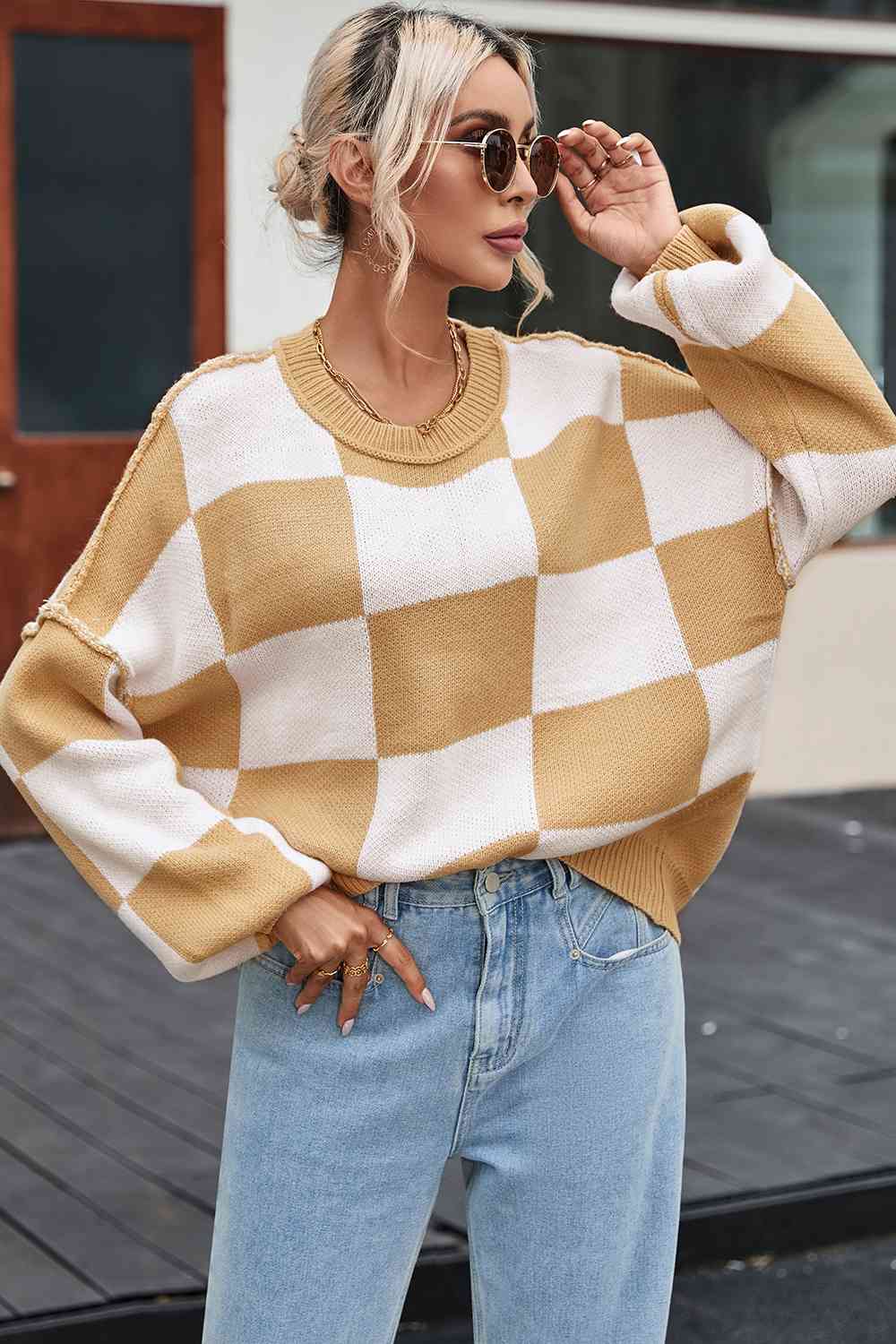 Checkered Exposed Seam Drooped Shoulder Sweater - Trendsi - Flyclothing LLC
