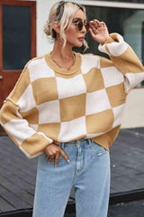 Checkered Exposed Seam Drooped Shoulder Sweater - Trendsi - Flyclothing LLC
