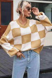 Checkered Exposed Seam Drooped Shoulder Sweater - Trendsi - Flyclothing LLC